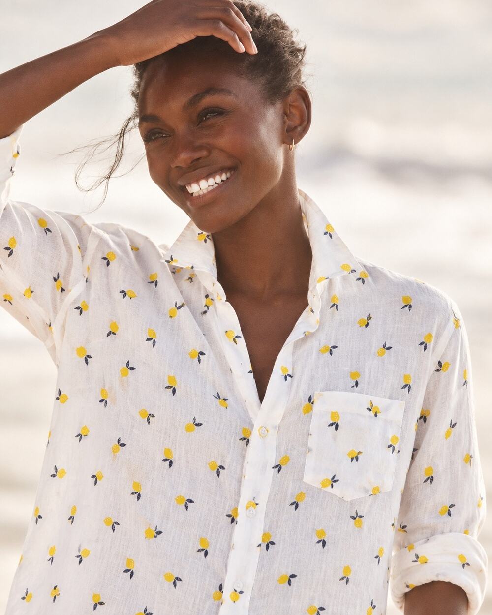 Frank & Eileen Eileen 100% Linen Lemon Print Button Down Shirt Size S